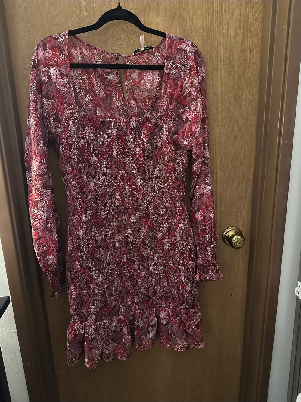BCBG Red and Pink Floral Long-Sleeve Smocked Dress
